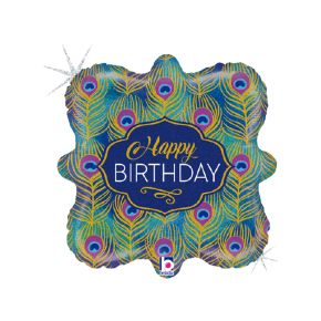 BALÃO METALIZADO SQUARE GLITTER PEACOOK BIRTHDAY 18" GRABO